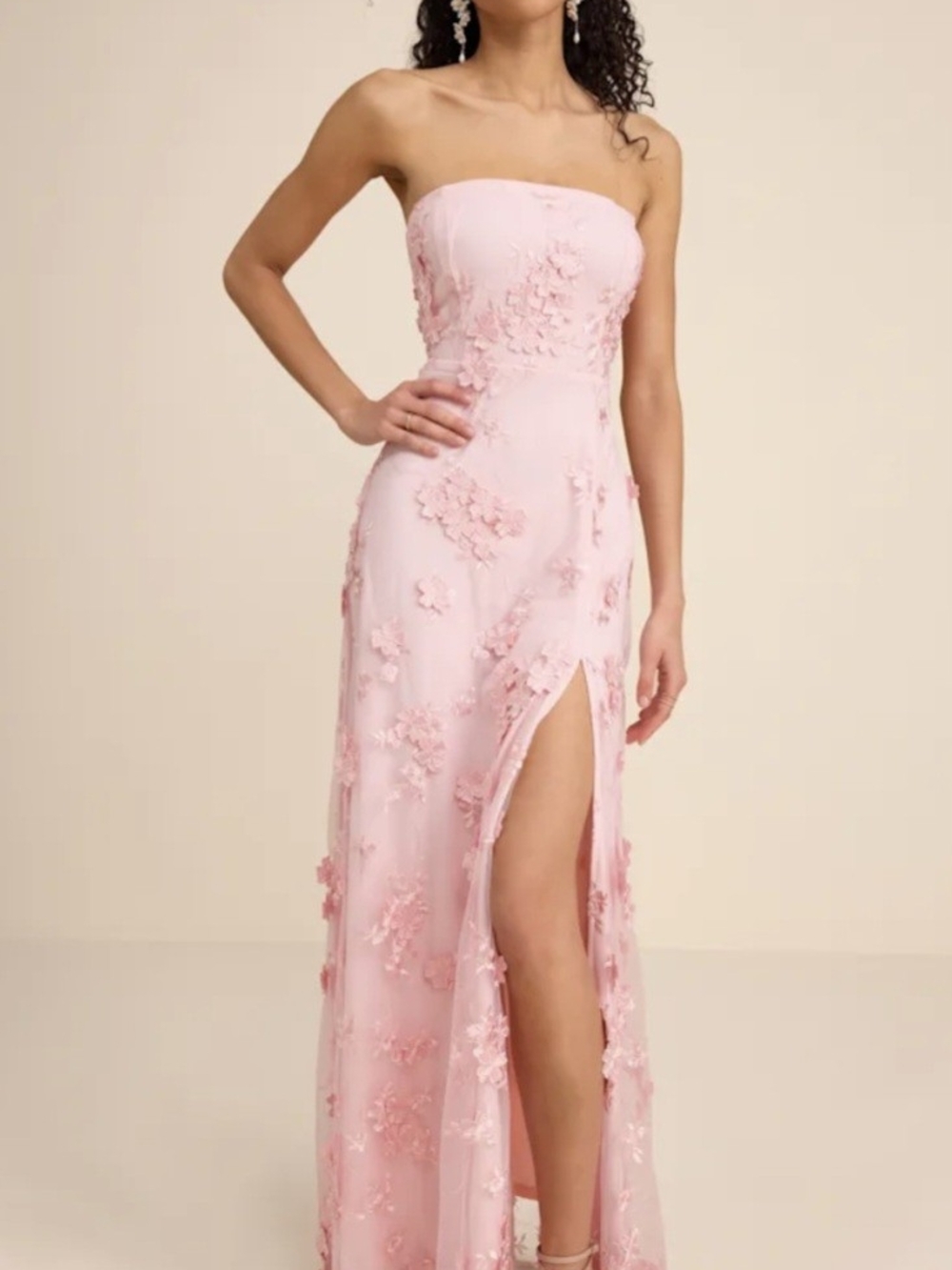 💋Lulu's Strapless Light Pink Floral Appliqué Gown with High Slit💋